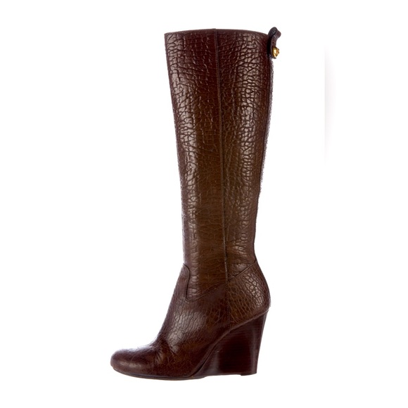 Tory Burch Shoes - Tory Burch Dark Brown Textured Leather Wedge Knee-High Boots
